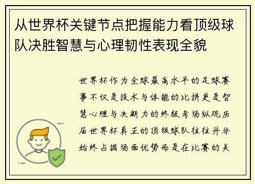 从世界杯关键节点把握能力看顶级球队决胜智慧与心理韧性表现全貌
