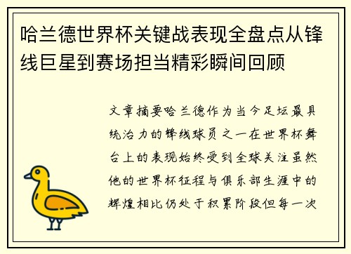 哈兰德世界杯关键战表现全盘点从锋线巨星到赛场担当精彩瞬间回顾